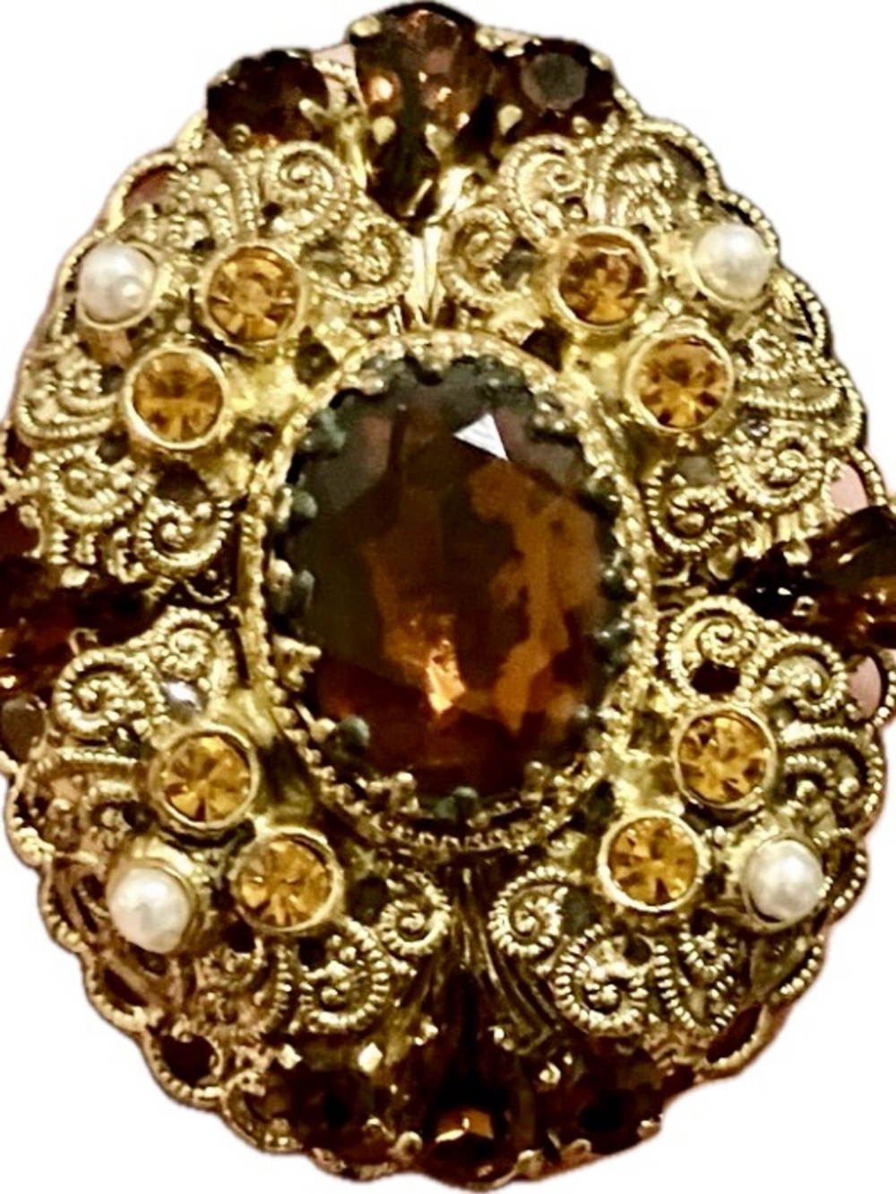 Signed Vintage W Germany Root Beer Citrine Filigree Brooch